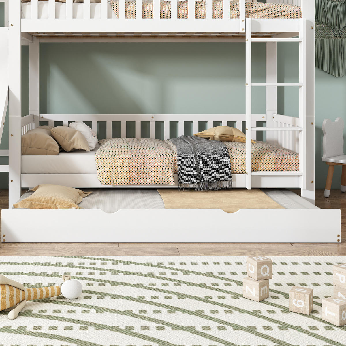 ETAGENBETT 90/200 cm mit Rollbett, Rutsche und Fallschutzgitter - Weiß, Holzwerkstoff (90/200cm) - OKMYHOME