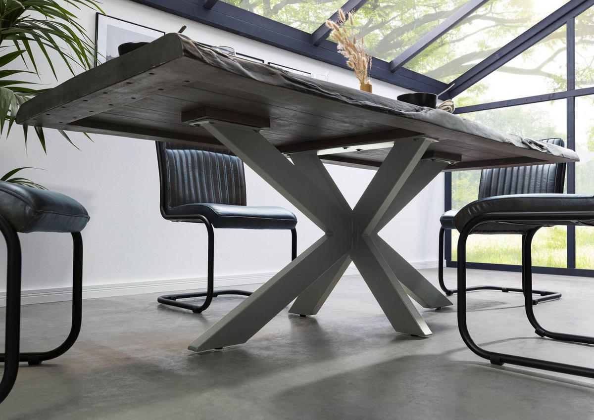 BAUMTISCH Mango 180x90x77 grau lackiert / Kreuzgestell silber matt FREEFORM 5 - Silberfarben/Grau, Holz (180/90/77cm) - Massivmoebel24