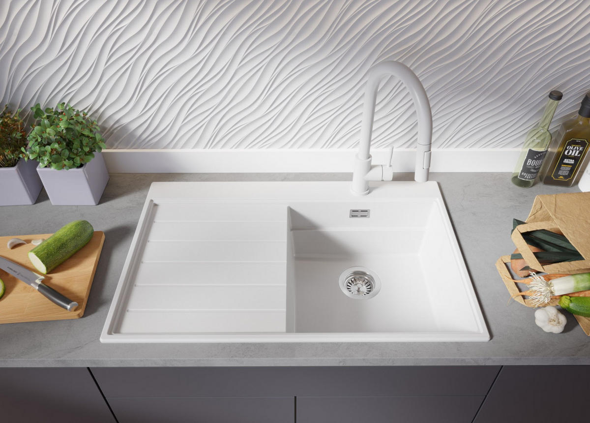 SPÜLBECKEN Sydney, 2-er set Weiß 78/50 cm 1 Becken + Ablauf-Set + Küchenzubehörset ab 45er Unterschrank - Chromfarben/Beige, Kunststoff (78/20/50cm) - Primagran