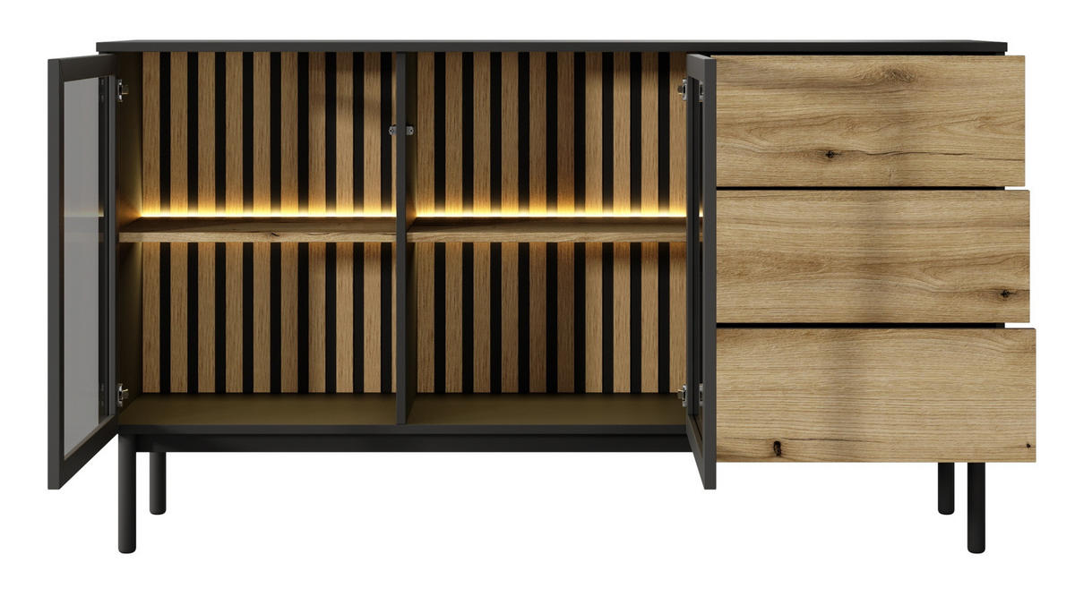 KOMMODE 150 cm mit LED Jotare, 2 Türen, Schubladen, Schwarz, Eiche Evoke - Schwarz, Holz (150/85/39cm) - Emporius