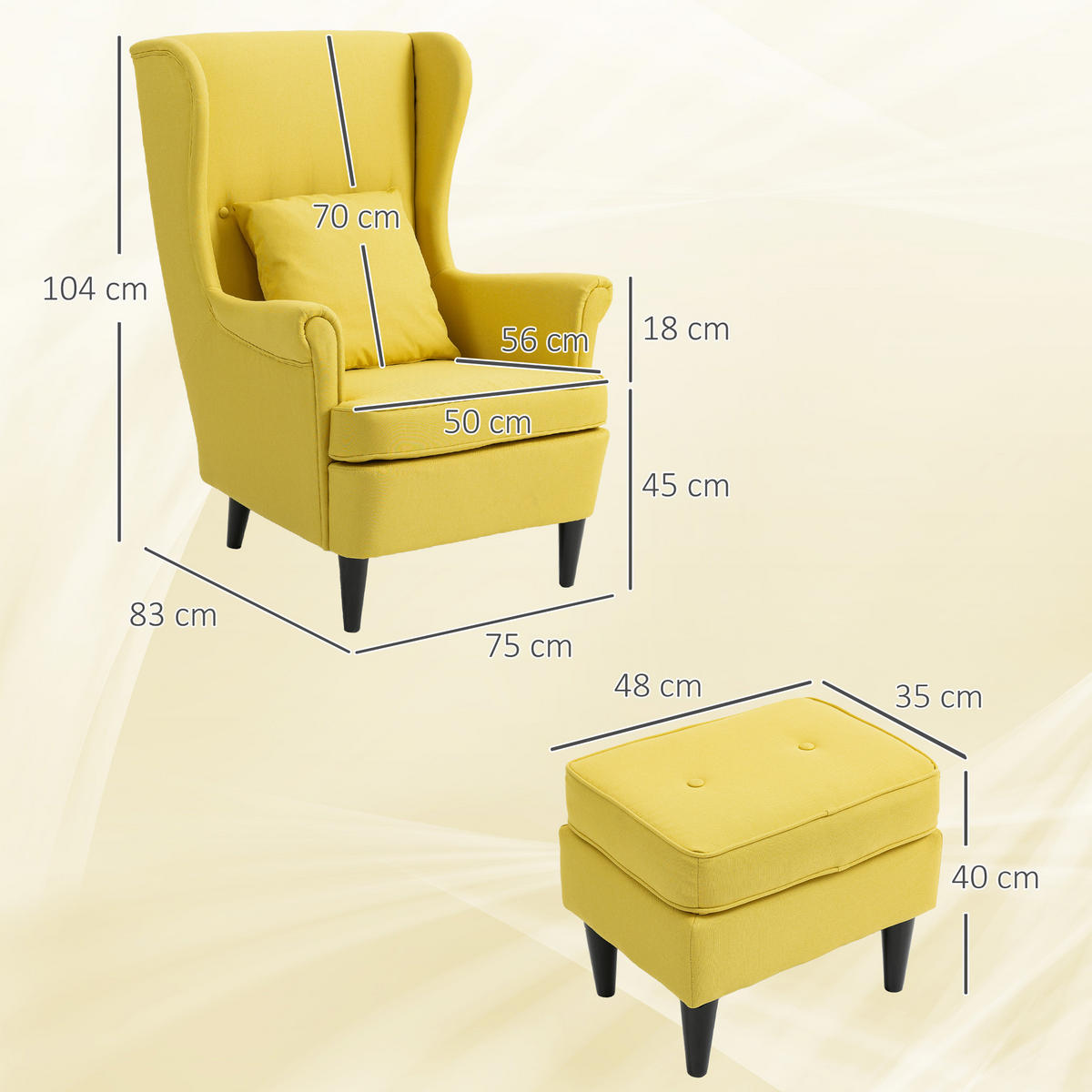 OHRENSESSEL-MIT-HOCKER 2er Set Polyester Schaumstoff Gelb - Gelb/Schwarz, Holz/Textil (75/104/83cm) - HOMCOM