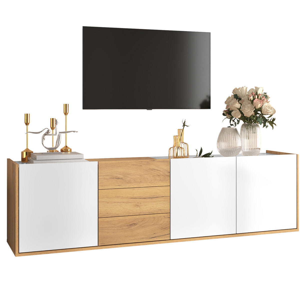 TV stolek z MDF 171,5x35x47 cm bílý v dekoru dřeva se 3 dvířky, 3 zásuvkami a možností montáže na stěnu - bílá, kompozitní dřevo (171.5/47/35cm) - Modfu