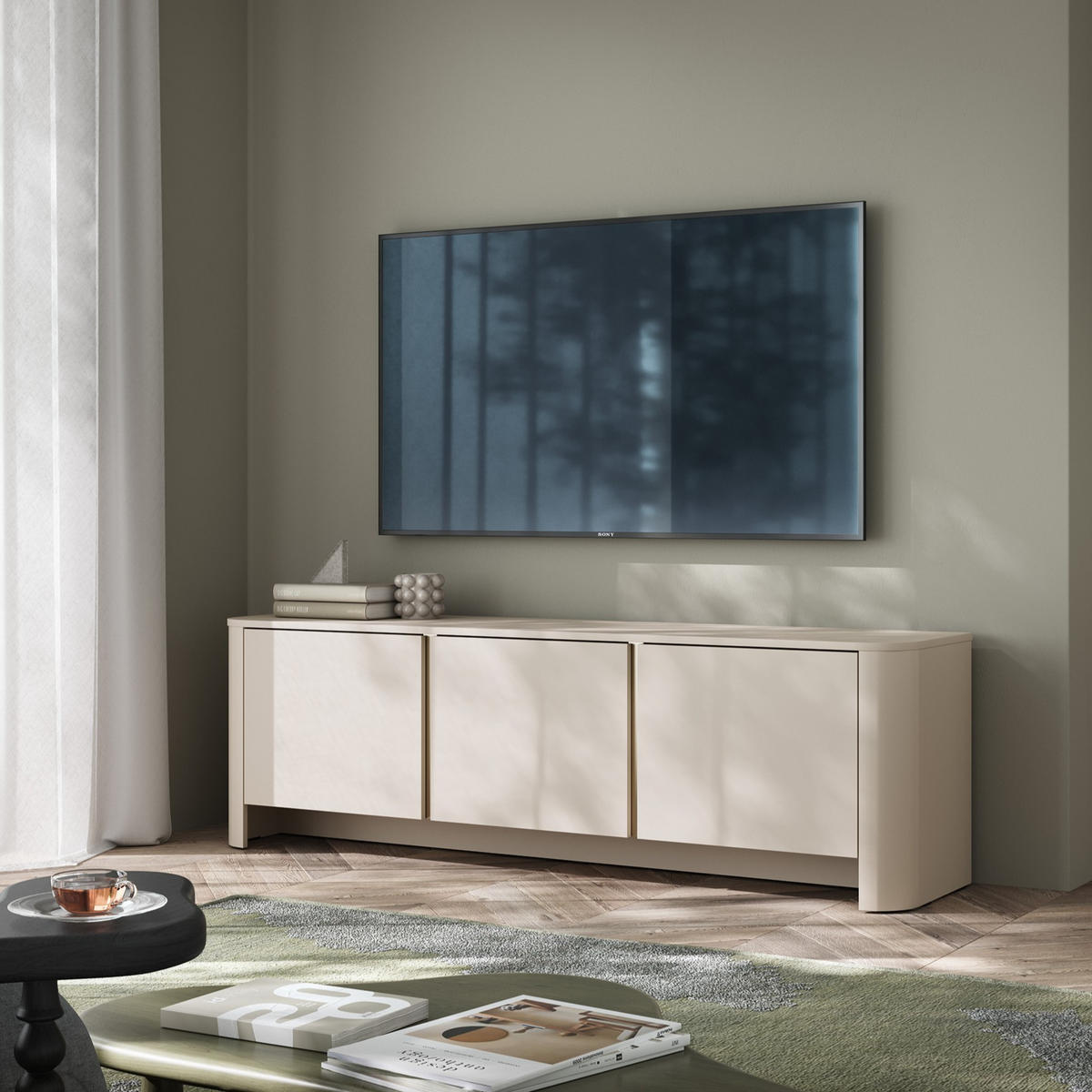 ABGERUNDETES TV-Board AURA RTV3D (Kaschmir Matt, Gold, Push to Open) - Kaschmir, Holz/Holzwerkstoff (168/52/39cm) - Ravio