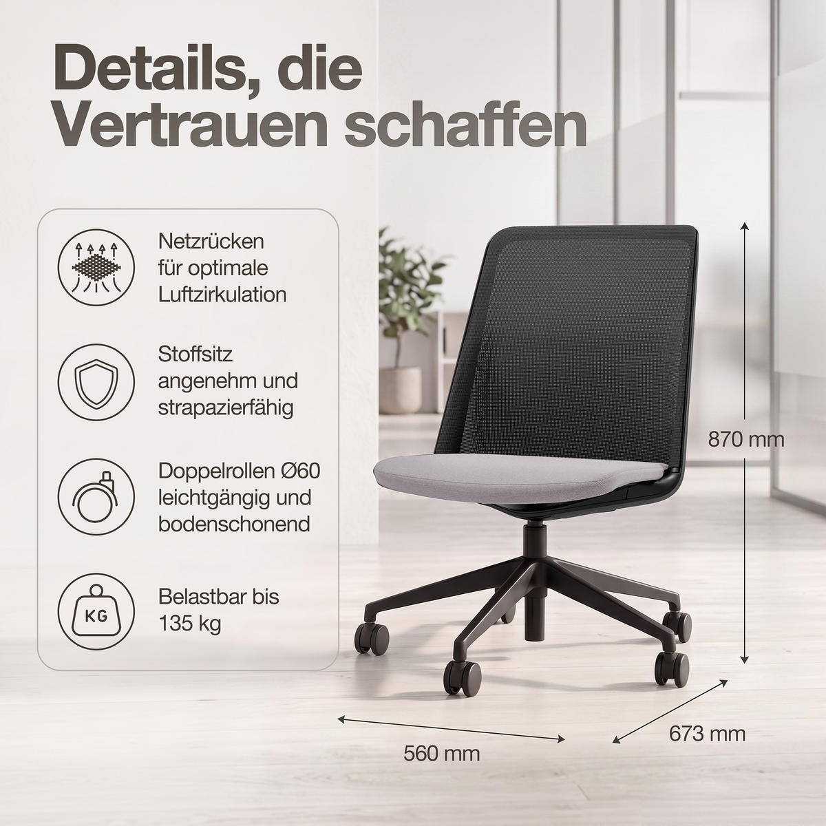 DREHSTUHL Bürostuhl Alassio / Hellgrau - Hellgrau, Textil (56/87/45cm) - ASSMANN