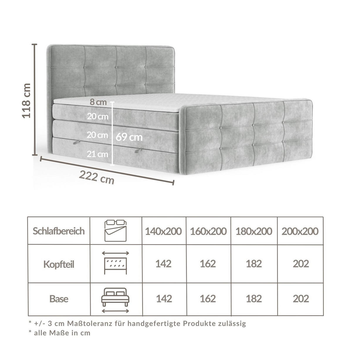 BOXSPRINGBETT Semplice Hellgrau 180/200 cm - Hellgrau/Schwarz, Holz/Holzwerkstoff (180/200cm) - Maison de Reve