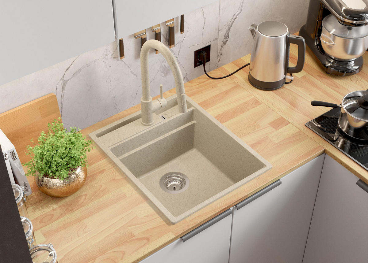 GRANITSPÜLE Oslo Pocket, 2-er set Beige 43/53 cm 1 Becken + Küchenarmatur 32/20 cm + Ablauf-Set + Küchenzubehörset ab 45er Unterschrank - Chromfarben/Beige, Kunststoff (43/20/53cm) - Primagran