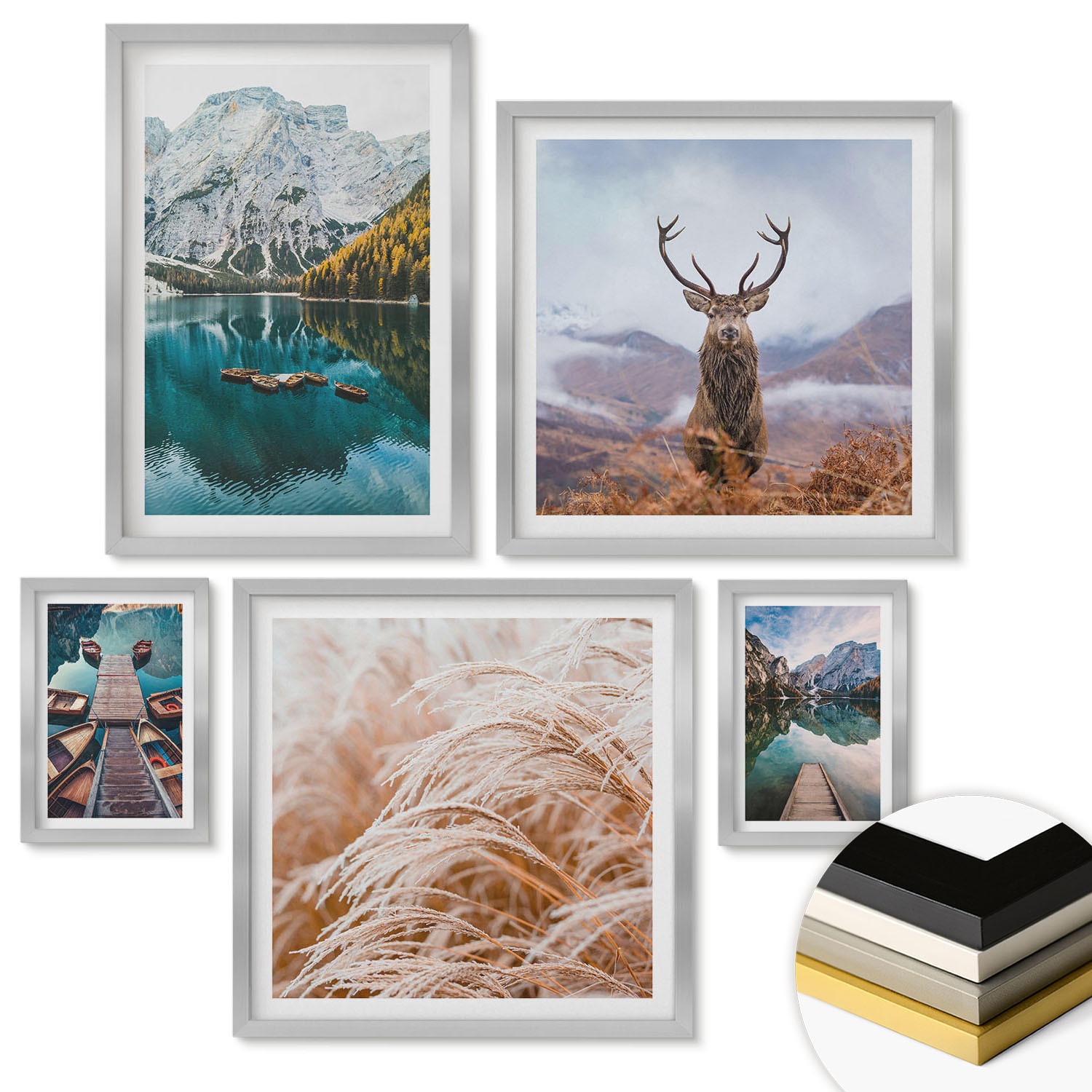 WANDBILDER 5er Set - 50x50 cm & 20x30 cm & 40x60 cm Silberner Rahmen - Architektur der Kanäle von Venedig - Silberfarben, Kunststoff (40/60cm) - ArtPrintCave