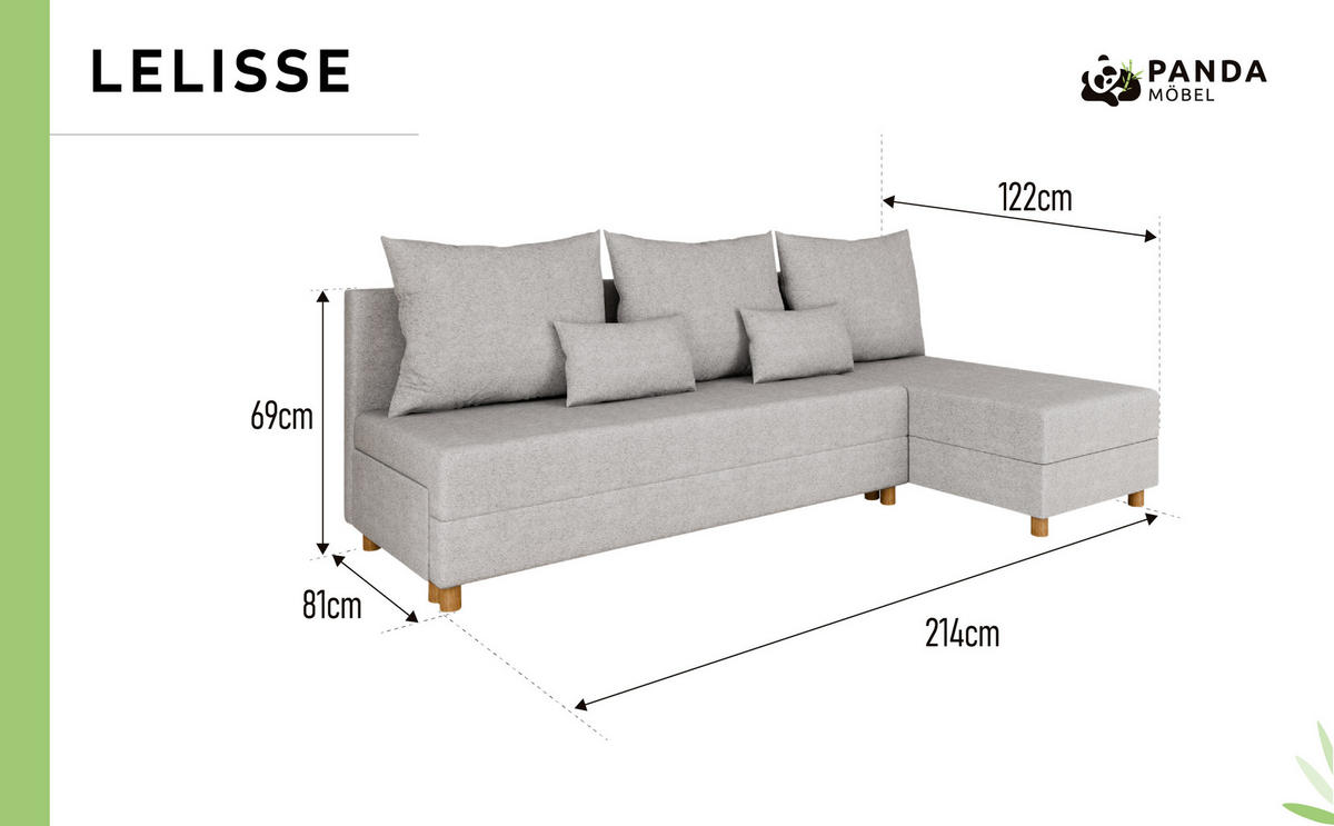 ECKSOFA Lellice L-Form - links oder rechts montierbar, hellgrau - Hellgrau, Holz (214/122cm) - Panda Möbel