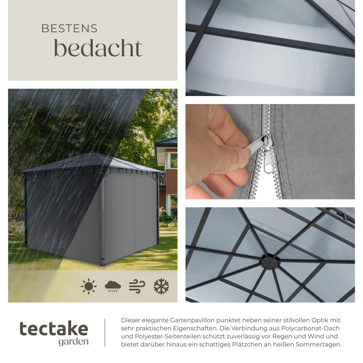 GARTENPAVILLON Caracas,inklusive 8 Heringen,grau - Grau, Kunststoff (297/270/297cm) - tectake