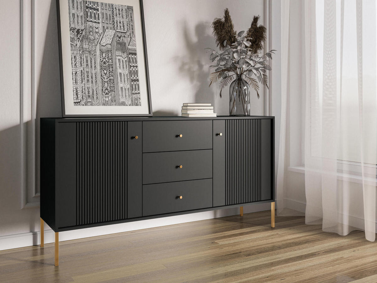 SIDEBOARD ISEO Schwarz, Gold 154x39x79 cm - Goldfarben/Schwarz, Holzwerkstoff (154/79/39cm) - FURNLUX
