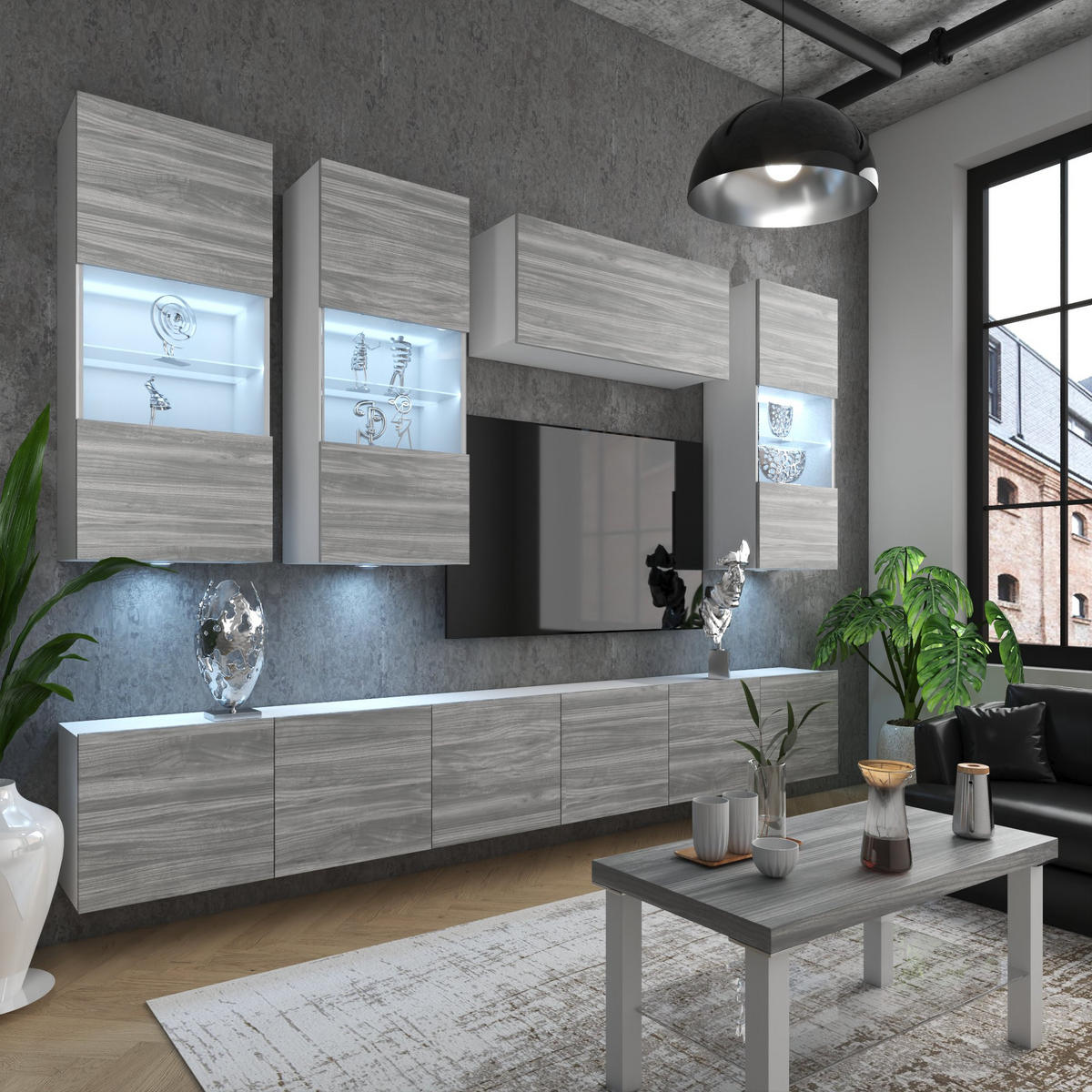WOHNWAND Milano 5, Grau Matt, 300 cm, Grifflos - Grau, Holz (300/155/36cm) - B BELINI GROUP