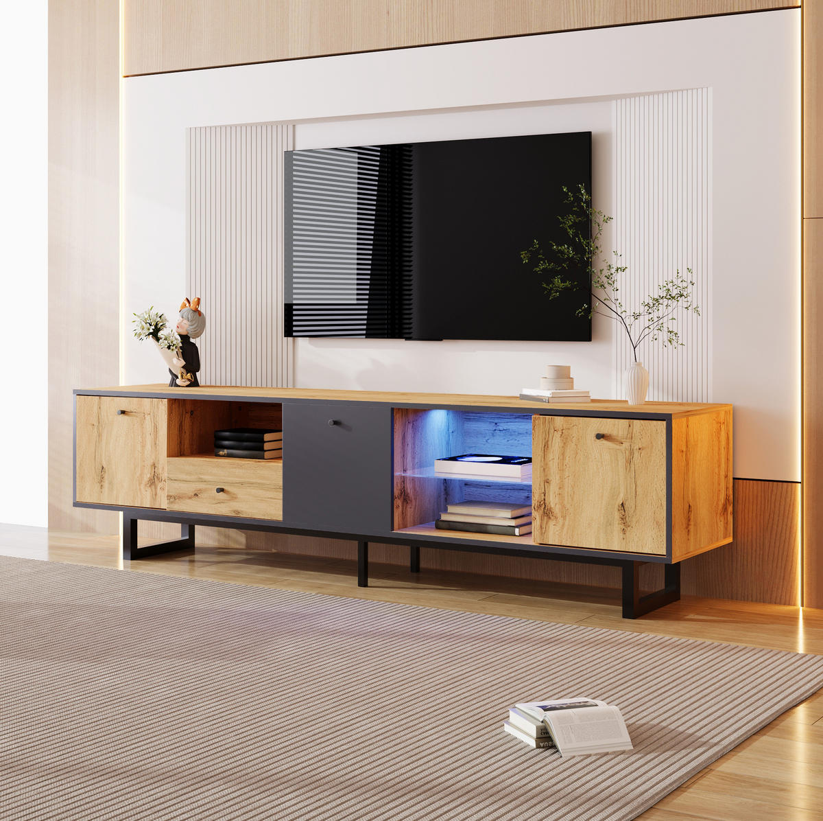TV-LOWBOARD in Holz/Anthrazit mit LED und Glasböden 190/40/50 cm - Eichefarben, Holzwerkstoff (190/50/40cm) - Redom