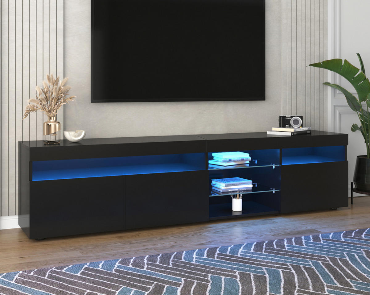 TV-SCHRANK 180/35/48 cm schwarz MDF mit variabler LED-Beleuchtung und Glaslaminat - Schwarz, Holzwerkstoff (180/48/35cm) - OKWISH