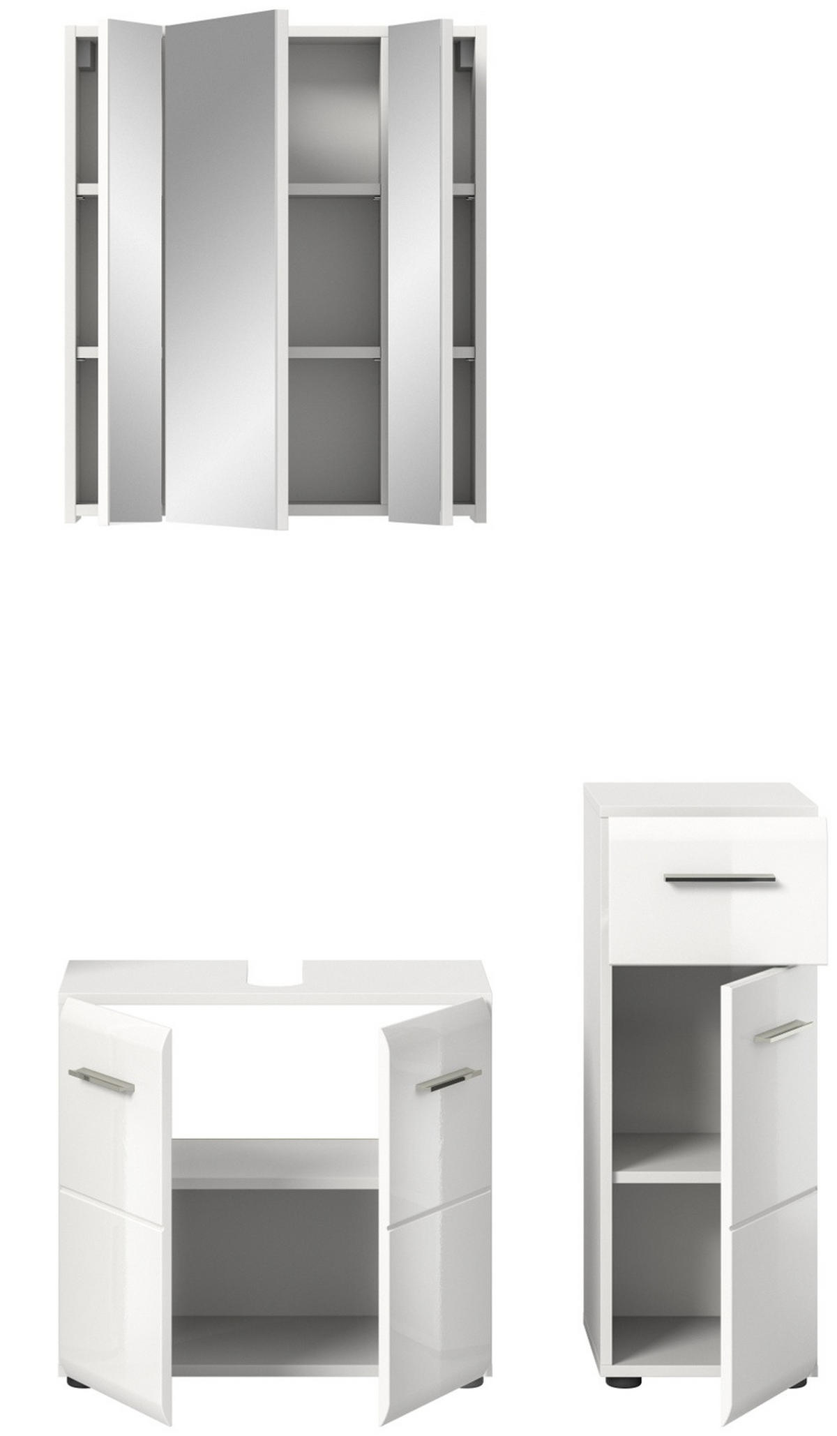 BADMÖBEL-SET 3-teilig weiß Hochglanz, Badkombination 105 x 185 cm - Weiß Hochglanz/Silberfarben, Glas/Holzwerkstoff (105/185/30cm) - Inn.Furn