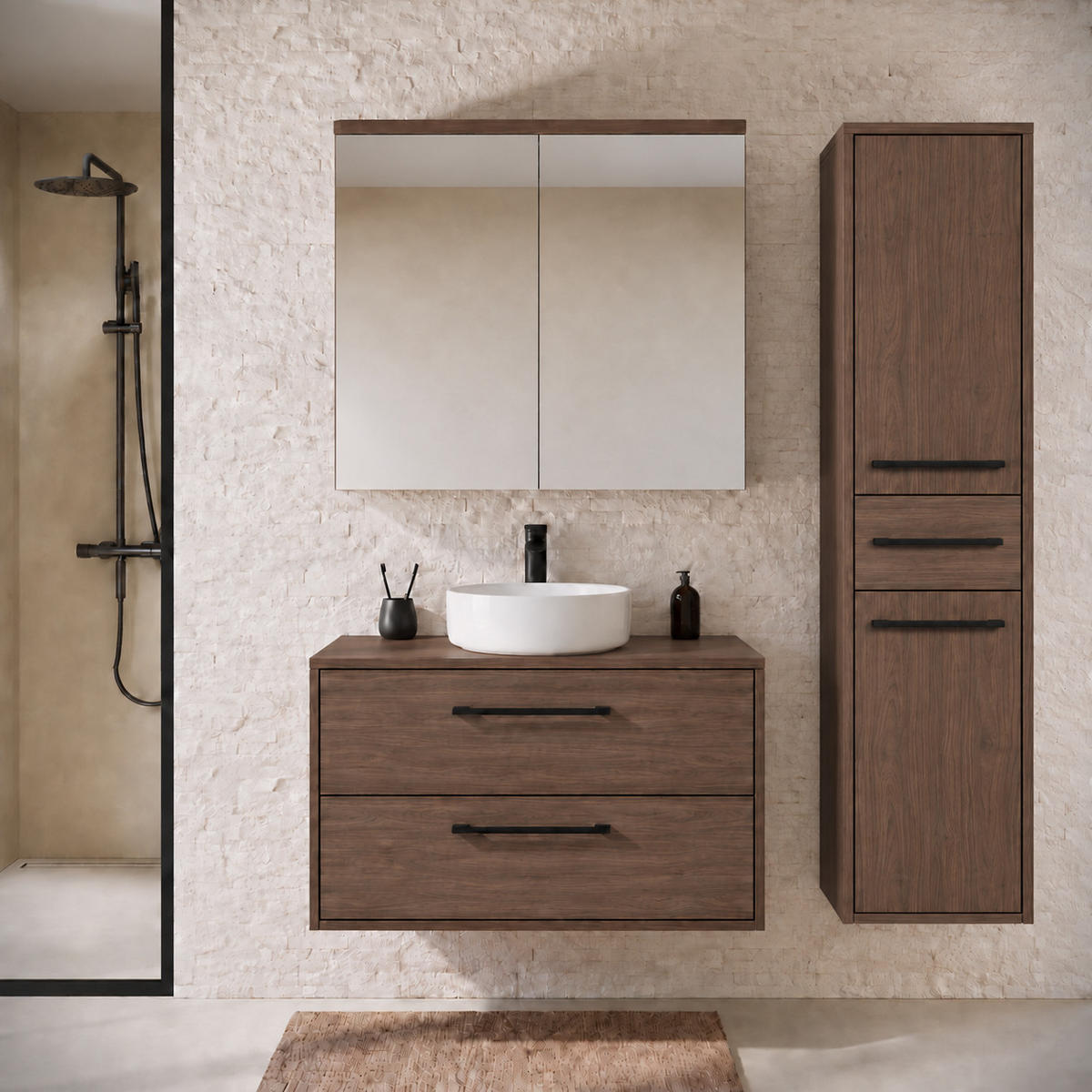 SET KUPAONSKOG NAMJEŠTAJA Florence 3-dijelni smeđi orah - 80 x 46 x 46 cm - boje oraha, drvo (80/46/46cm) - Badplaats