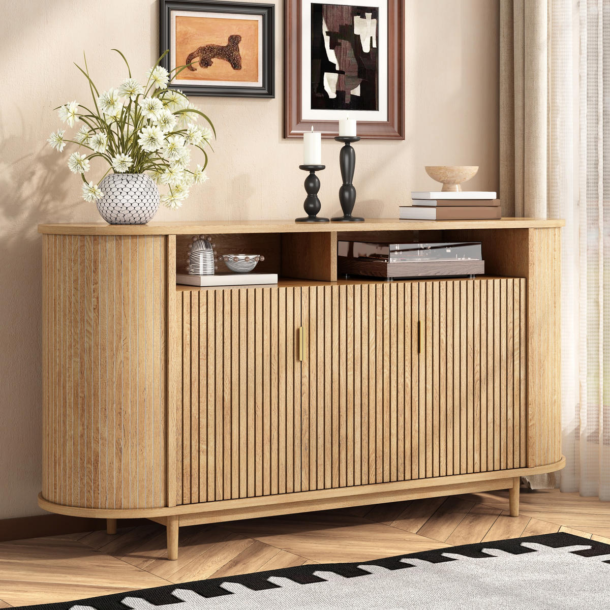 SIDEBOARD 3 Türen mit Holzoptik und Rillenfront - Naturfarben, Holzwerkstoff (140/78/40cm) - FLIEKS