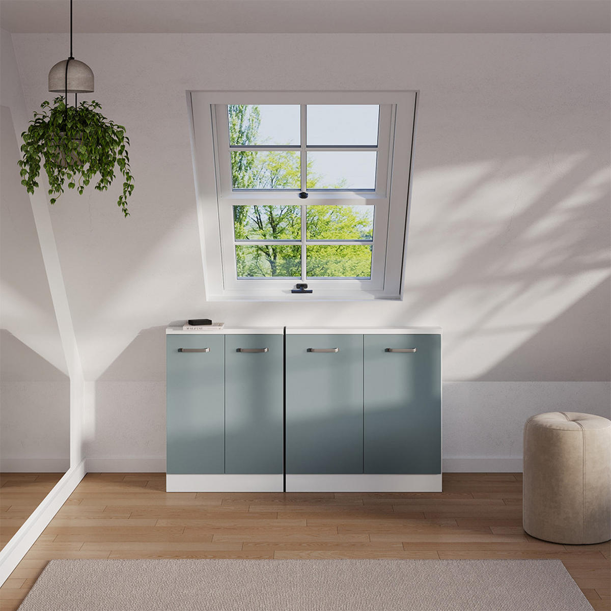 SKRIŇOVÁ SÚPRAVA SO ŠIKMOU STRECHOU Rion Modrošedá/biela - modrosivá, kompozitné drevo (140/81.6/46cm) - Vicco