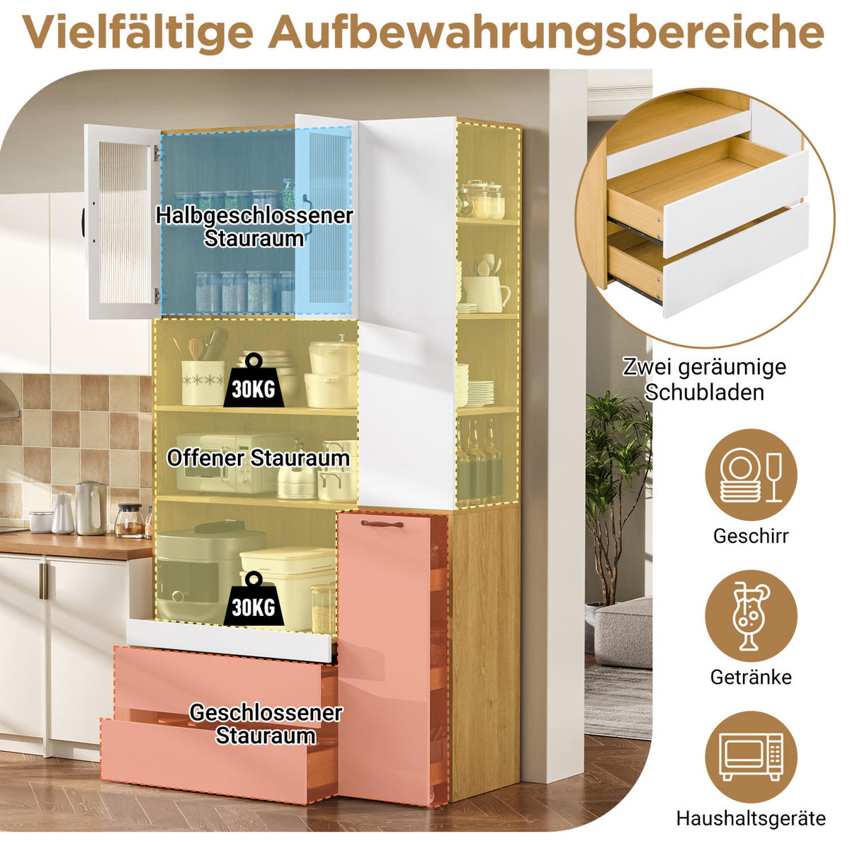 HIGHBOARD 100/40/200 cm in Weiß/Natur mit Riffelglas und Schubladen - Weiß, Holzwerkstoff (100/200/40cm) - Flora Grace