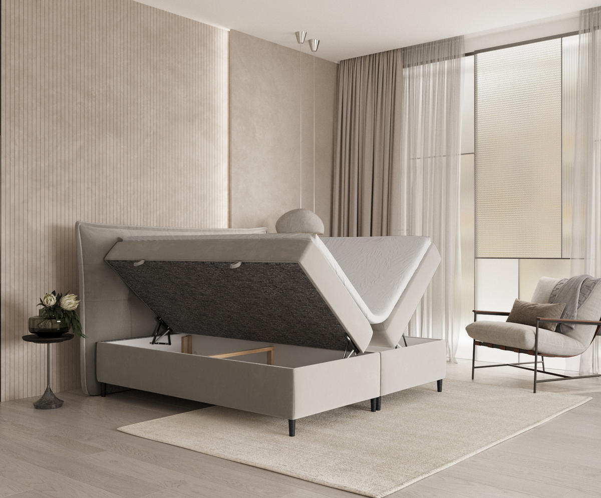 BOXBETT Sinai Beige 160/200 cm mit Taschenmatratze und Topper - Beige/Schwarz, Holz/Holzwerkstoff (160/200cm) - Maison de Reve