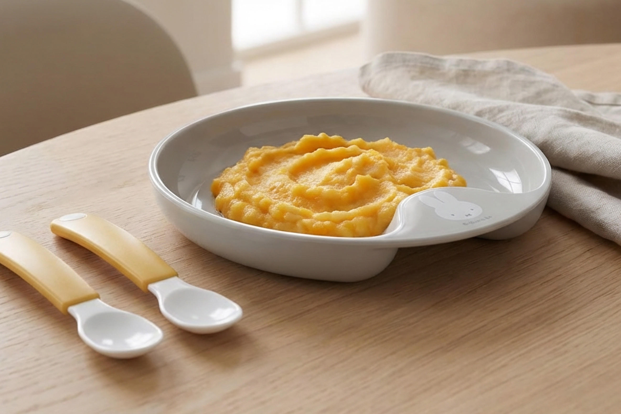 Kinderteller mit einem Hasenmotiv und Brei darin sowie zwei kleinen Löffeln mit gelben Griffen auf einem Holztisch.