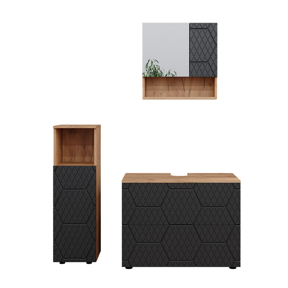 BADMÖBEL-SET Irma Anthrazit gestreift 3 Teile, mit Midischrank - Honigeiche/Anthrazit, Holzwerkstoff (80/58.6/41cm) - Vicco