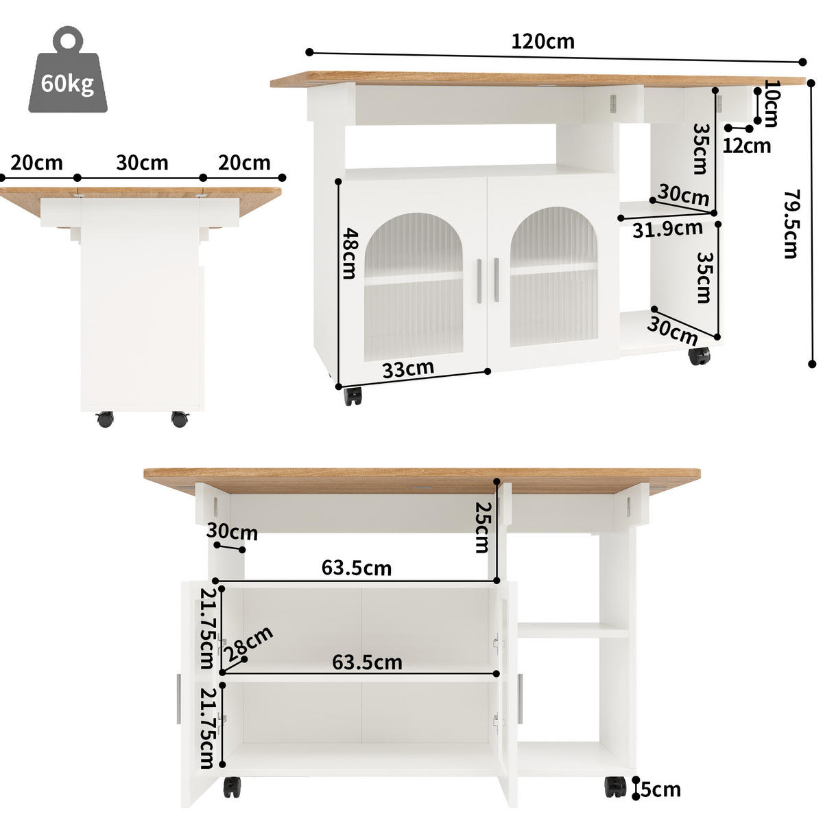 KÜCHENINSEL 120/79,5/30 cm aus MDF und Glas mit klappbarer Tischplatte - Weiß, Holzwerkstoff (30/79.5/120cm) - OKMYHOME