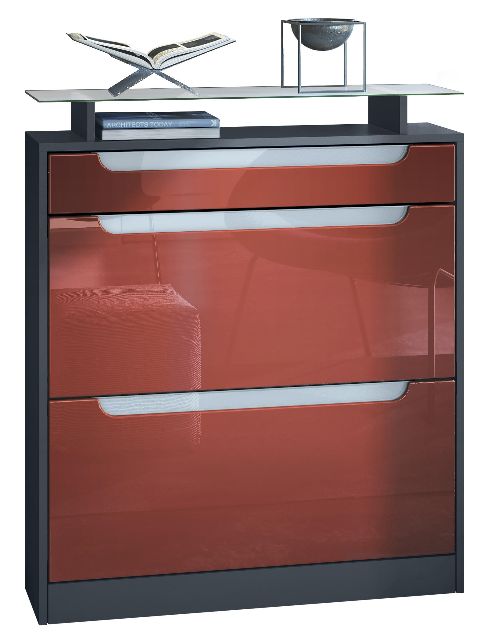 SCHUHSCHRANK Fiesta Fronten in Bordeaux Hochglanz, Griffmulden in Weiß Hochglanz - Bordeaux, Holzwerkstoff (89/104/23cm) - Vladon