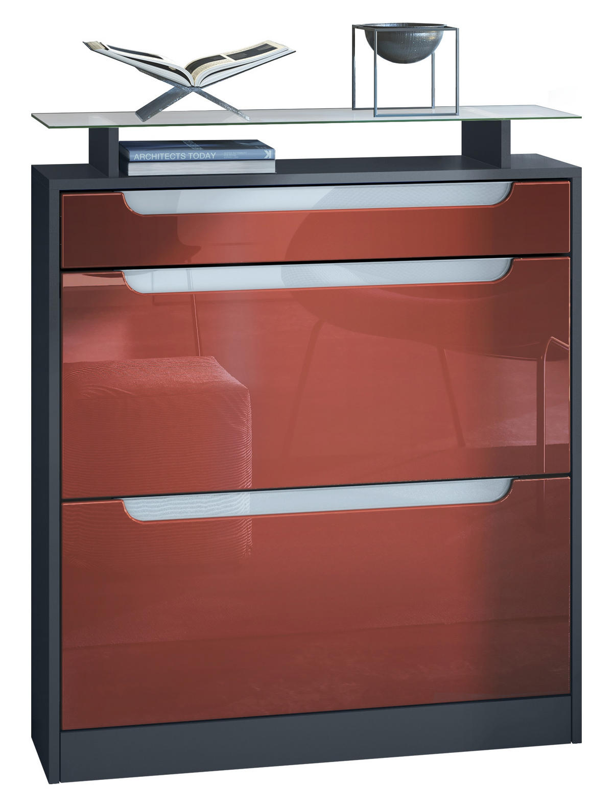 SCHUHSCHRANK Fiesta Fronten in Bordeaux Hochglanz, Griffmulden in Weiß Hochglanz - Bordeaux, Holzwerkstoff (89/104/23cm) - Vladon