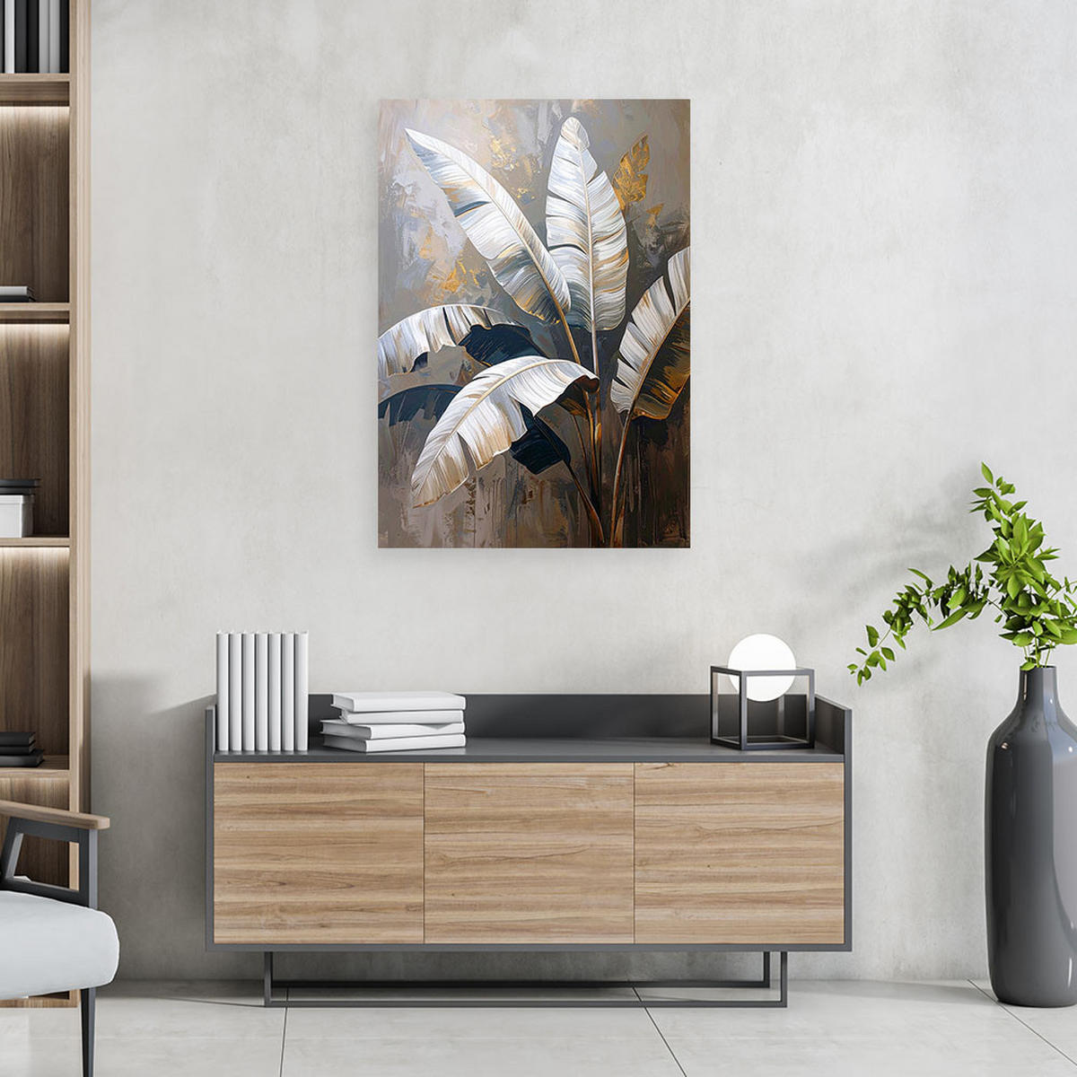 BILD auf Leinwand, Bananenblätter Natur Pflanzen weiß-beige - Weiß, Textil (80/120cm) - Feeby