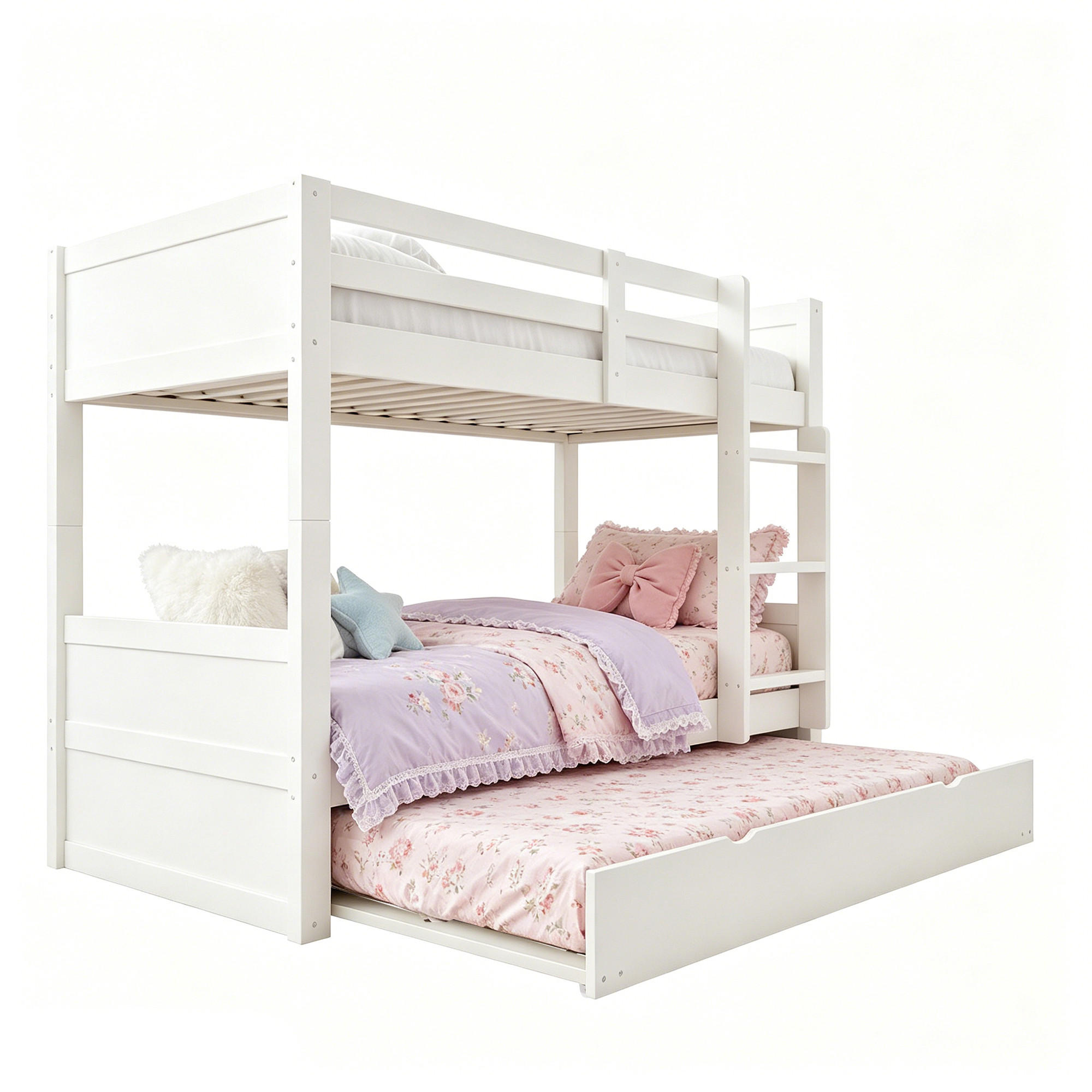 ETAGENBETT 90/200 cm in Weiß mit Ausziehbett, Leiter und Sicherheitsgeländer - Weiß, Holz/Holzwerkstoff (90/200cm) - WISHDOR