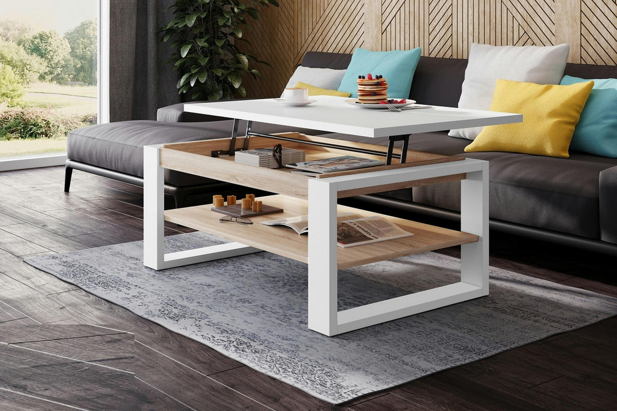 COUCHTISCH rechteckig Weiß - Sonoma aufklappbar 110/65/50 cm - Weiß/Sonoma Eiche, Holzwerkstoff (65/110/50cm) - designimpex