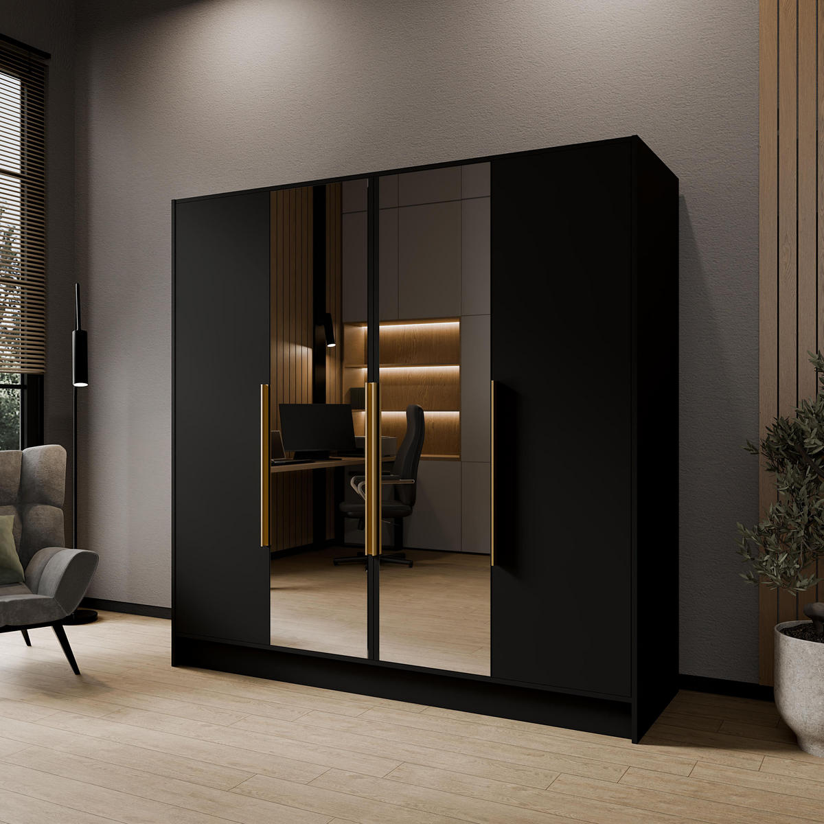 KLEIDERSCHRANK Mono Lux mit Speigel, Drehtüren mit Goldene Metallgriffe, Schwarz 200/200/51 cm - Schwarz, Holzwerkstoff (200/200/51cm) - WFL GROUP