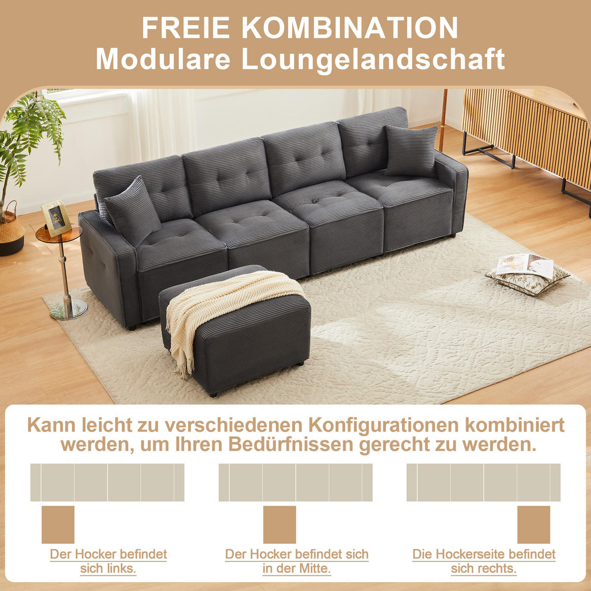 SOFA, 4-Sitzer, Stauraum, Hocker, Grau, 280x146x85cm - Grau, Textil (146/280cm) - FLIEKS