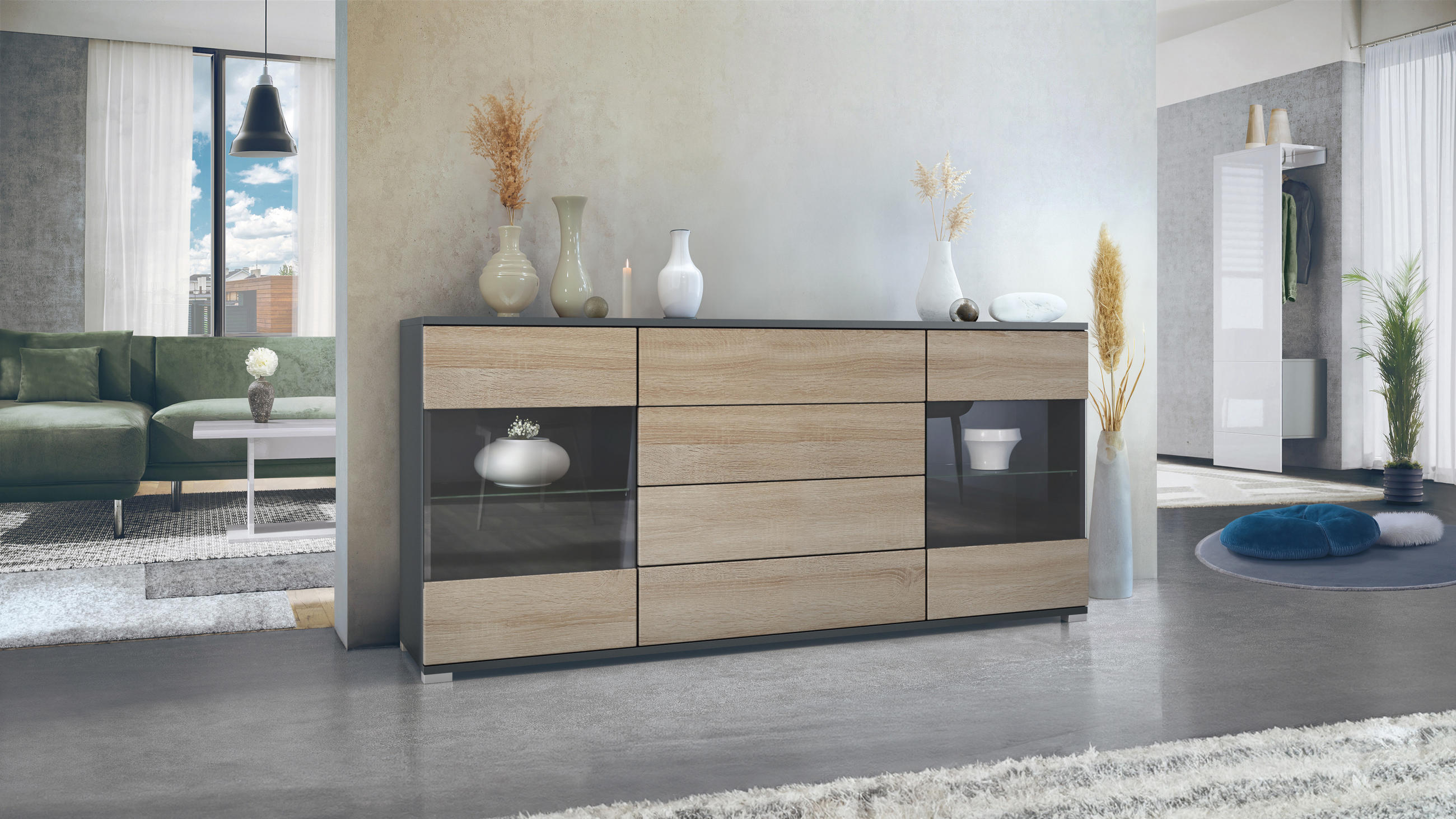 SIDEBOARD Bari Eiche sägerau - Eiche San Remo, Holzwerkstoff (166.5/75.5/35cm) - Vladon