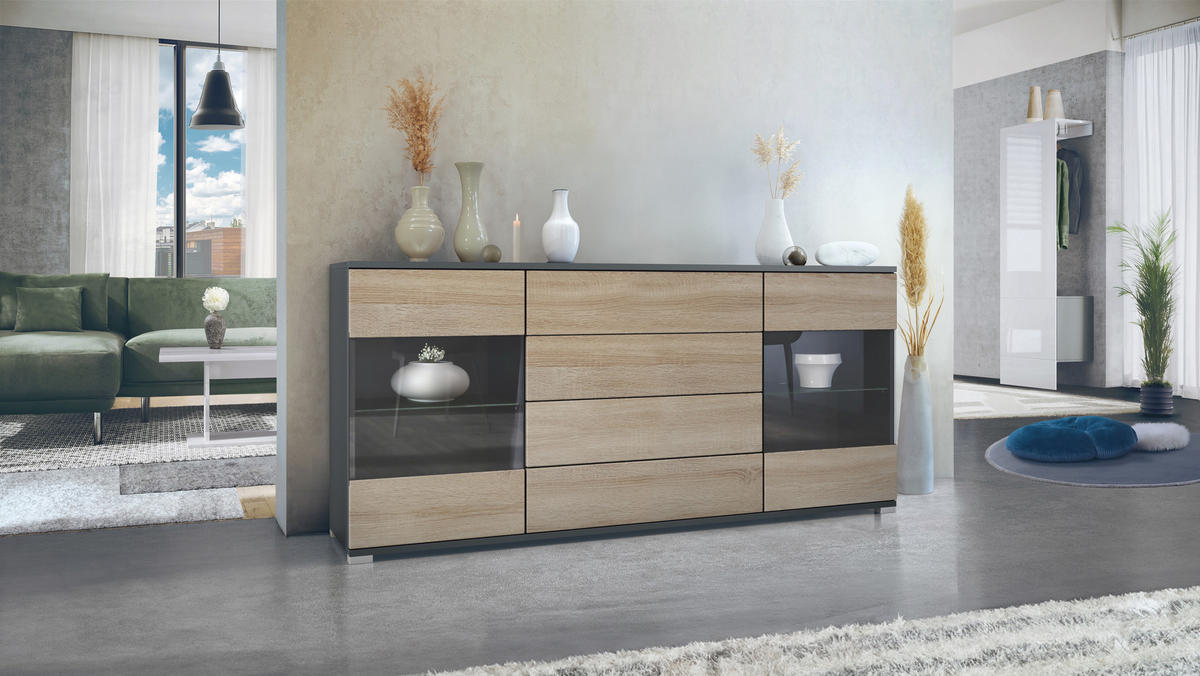 SIDEBOARD Bari Eiche sägerau - Eiche San Remo, Holzwerkstoff (166.5/75.5/35cm) - Vladon