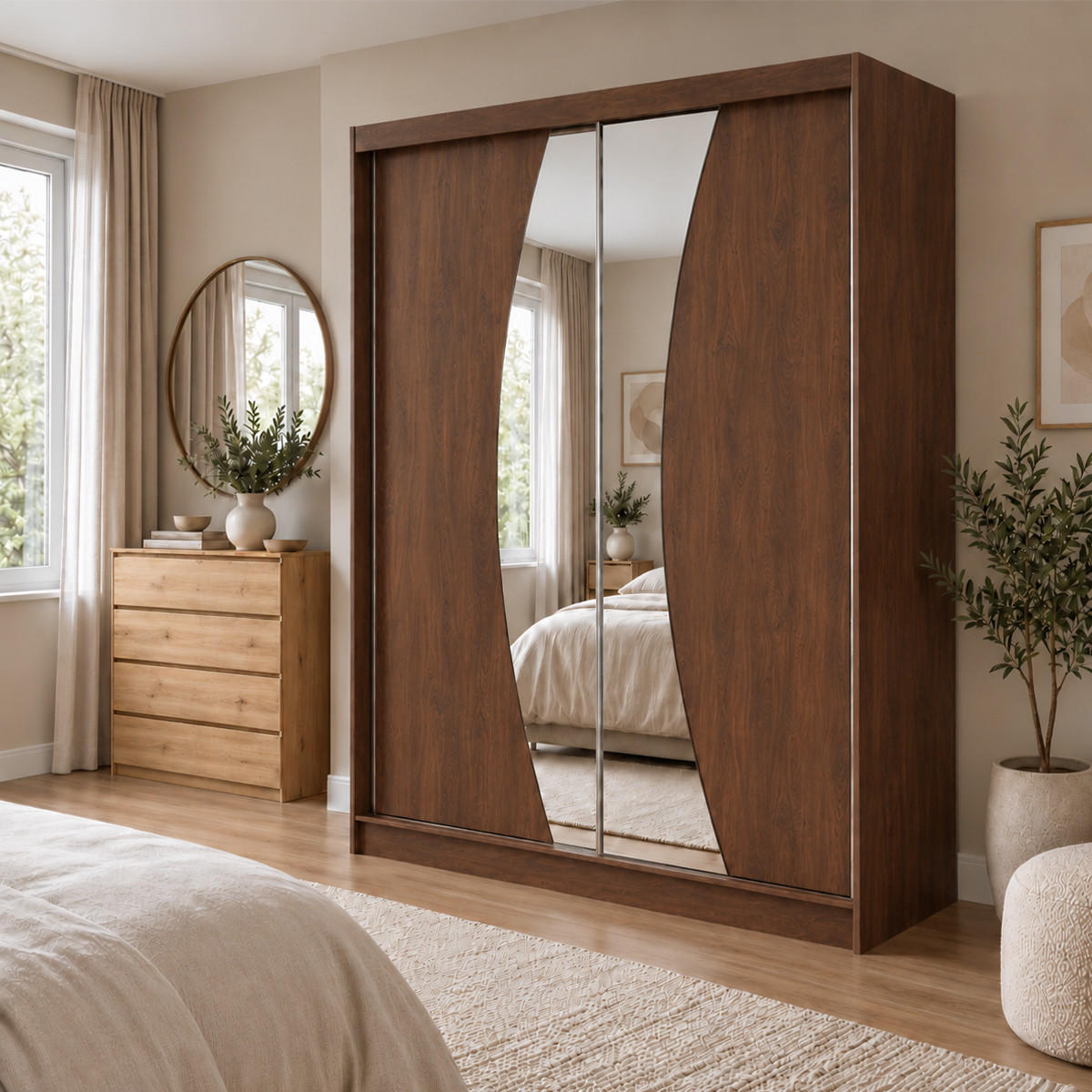 KLEIDERSCHRANK Nox 200 cm Nussbaum Warmia Spiegel Griffe schwarz - Nussbaumfarben, Holzwerkstoff (200/216/61cm) - KS Home Concept