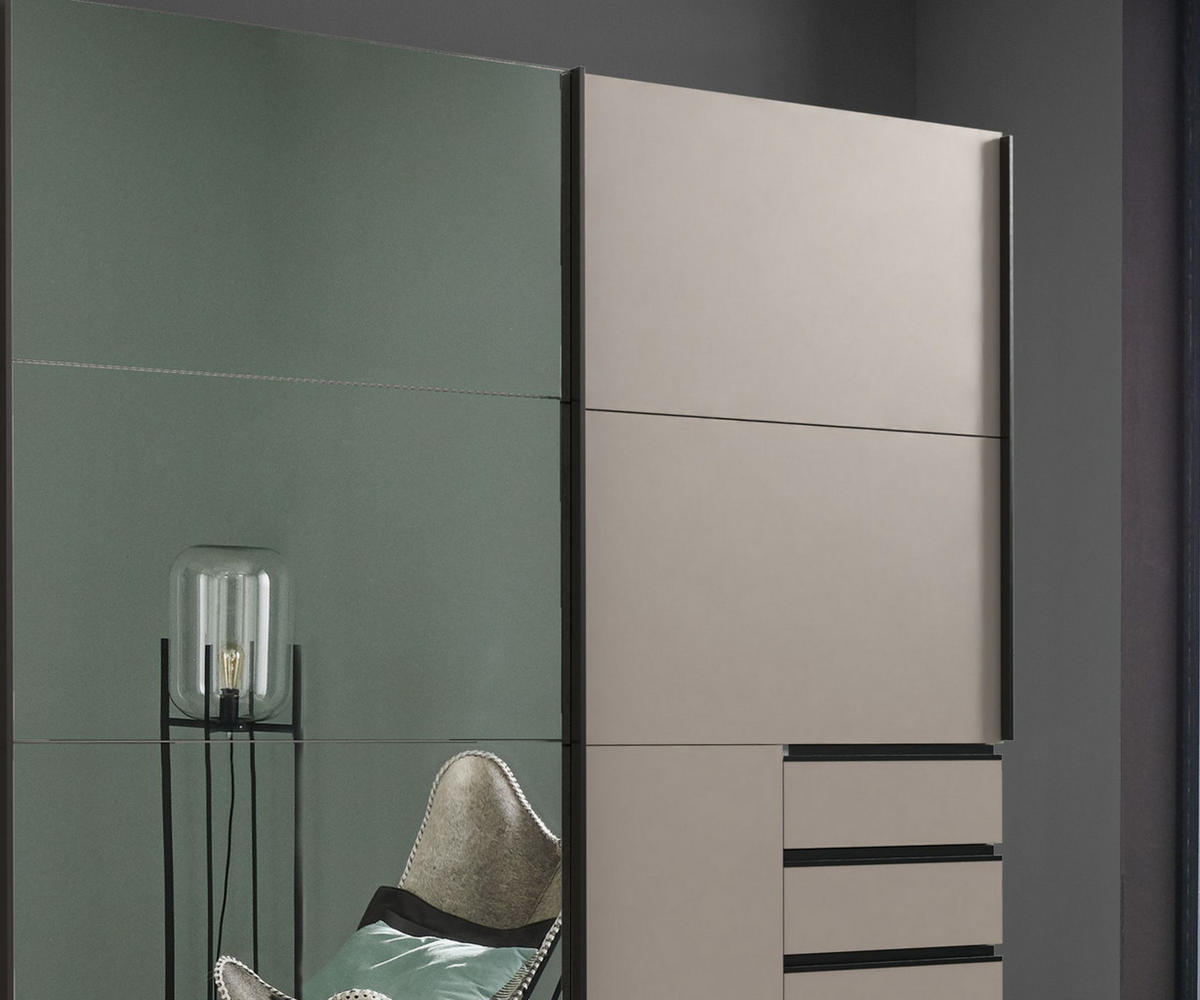 SCHWEBETÜRENSCHRANK 3-türig B270/H208/64 cm, Sandgrau, eine Spiegeltür, Kleiderschrank mit Schubladen & Vollausstattung / 22615 - Graubraun/Anthrazit, Holzwerkstoff/Metall (270/208/64cm) - luma-home