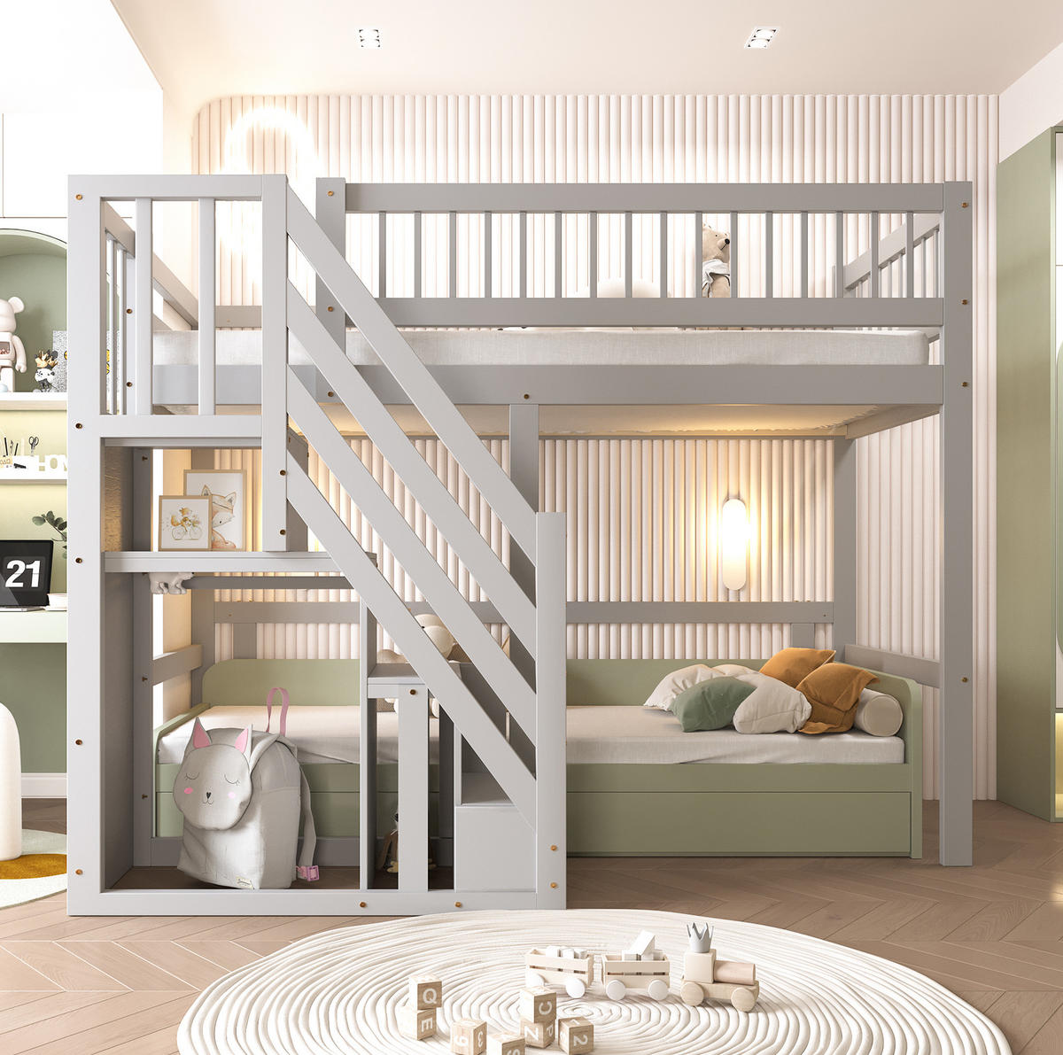 HOCHBETT 90/200 cm Grau aus Holz mit Aufbewahrungstreppe - Grau, Holzwerkstoff (90/200cm) - OKMYHOME