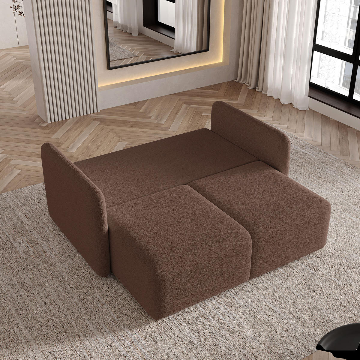BETTSOFA SUVI II Q Braun Bucle-Stoff mit Schlaffunktion - Braun, Textil (90/85/153cm) - MASSENO