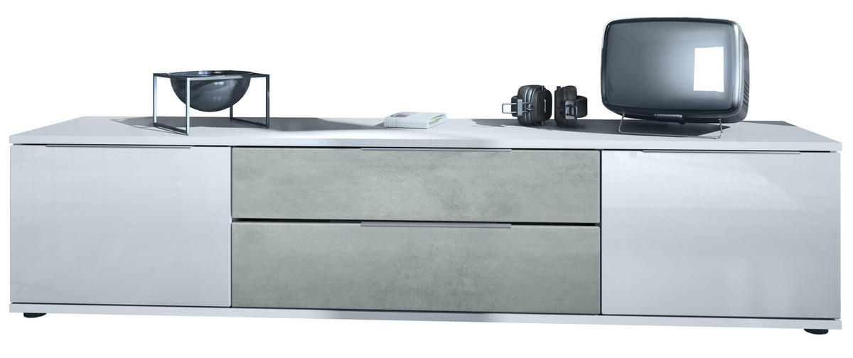 LOWBOARD Linio Beton Oxid Optik - Weiß Hochglanz/Hellgrau, Holzwerkstoff (166.5/37.5/35cm) - Vladon