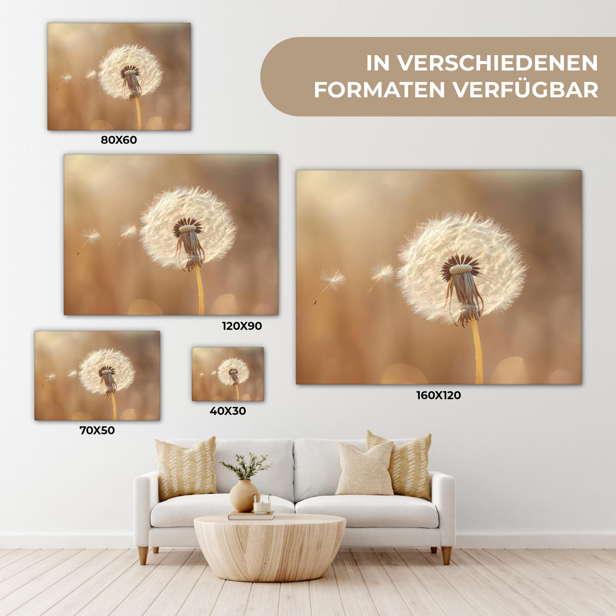 LEINWANDBILD Löwenzahn - Beige - Natur - Blume Wandbilder 80x60 cm - Hellbraun, Textil (80/60cm) - MuchoWow