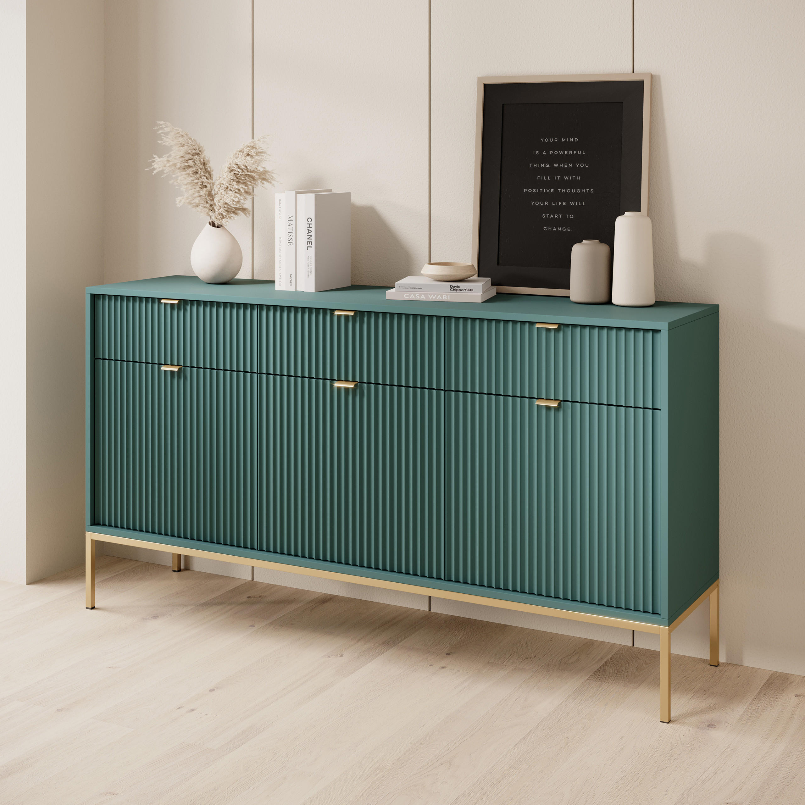 SIDEBOARD STELLARE 154/83/39 cm mit 3 Schubladen 3 Türen Hellgrün - Goldfarben/Hellgrün, Holzwerkstoff (154/83/39cm) - MASSENO
