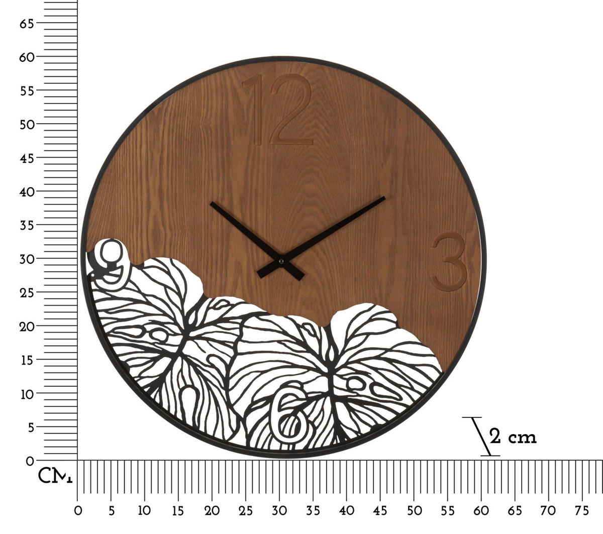 WANDUHR Wood/Leaf, schwarz und braun, Eisen und MDF, 60 x 2 x 60 cm, Motiv: Blätter - Schwarz/Braun, Holzwerkstoff/Metall (60/60/2cm) - Mauro Ferretti