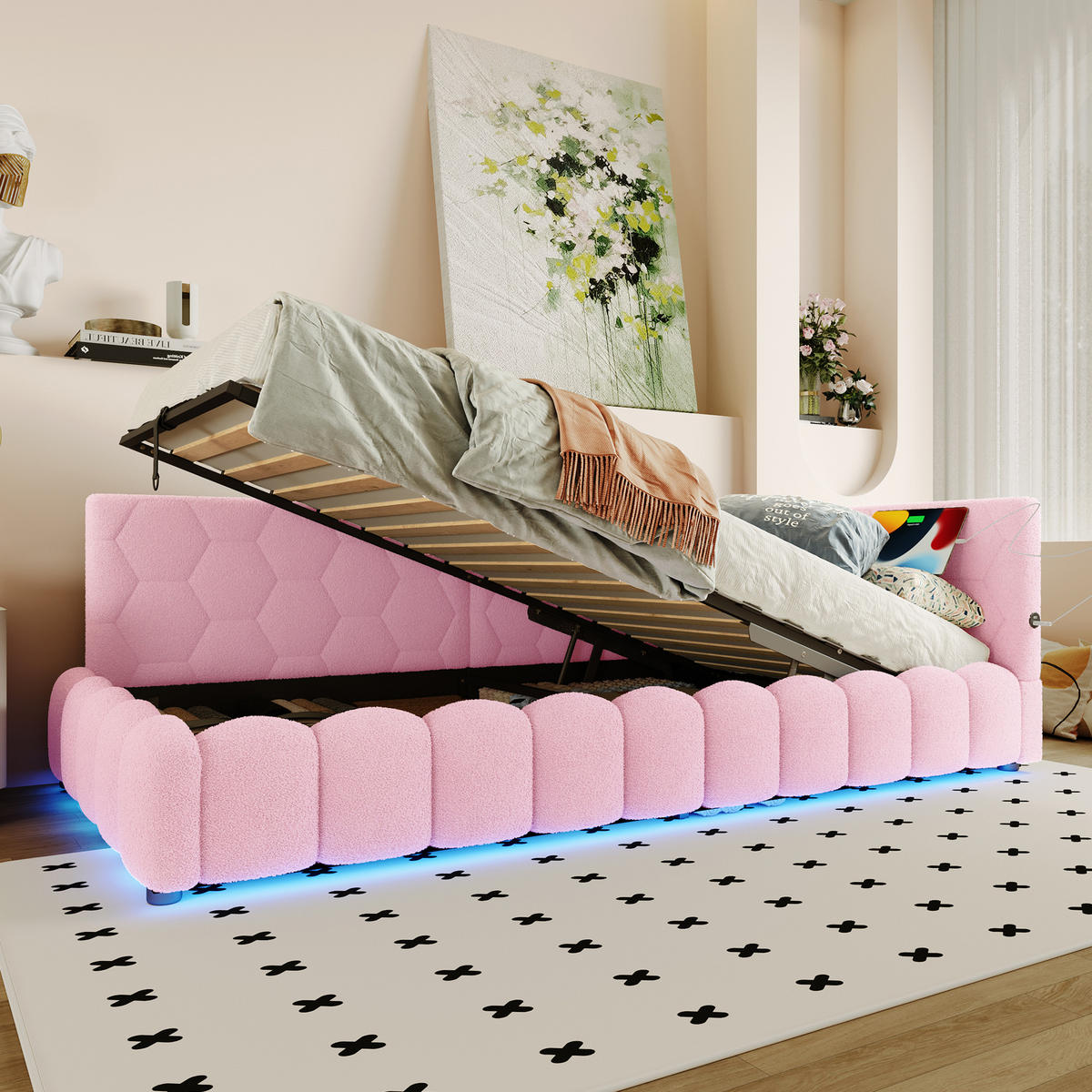 TAGEBETT 90x200cm Rosa Vliesimitat LED-Licht Hydraulik USB-C - Pink, Holz (90/200cm) - FLIEKS