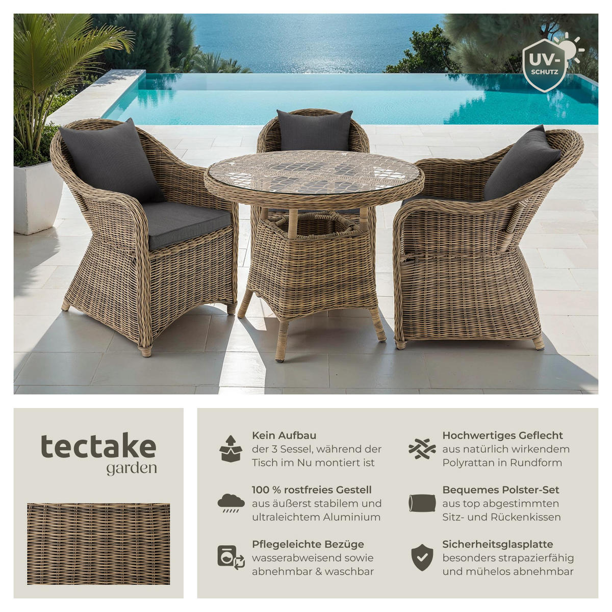 RATTAN SITZGRUPPE Zürich,Stühle vormontiert,natur - Naturfarben, Kunststoff - tectake