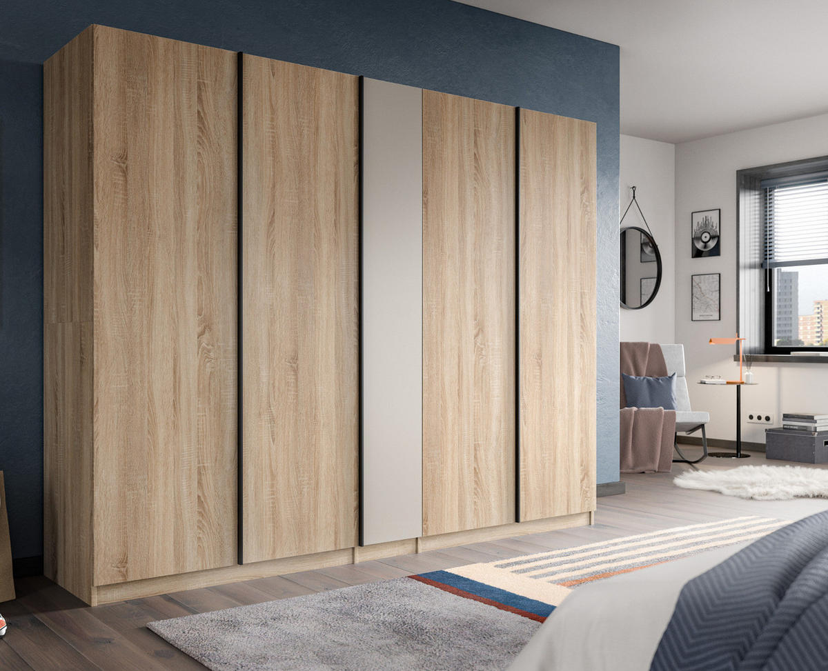 KLEIDERSCHRANK Eiche Sonoma, Kaschmir 5-türig 230 x 183 cm, Drehtürenschrank mit 2x Schubkasteneinsatz - Kaschmir/Eichefarben, Holzwerkstoff/Kunststoff (230/183/53cm) - Inn.Furn