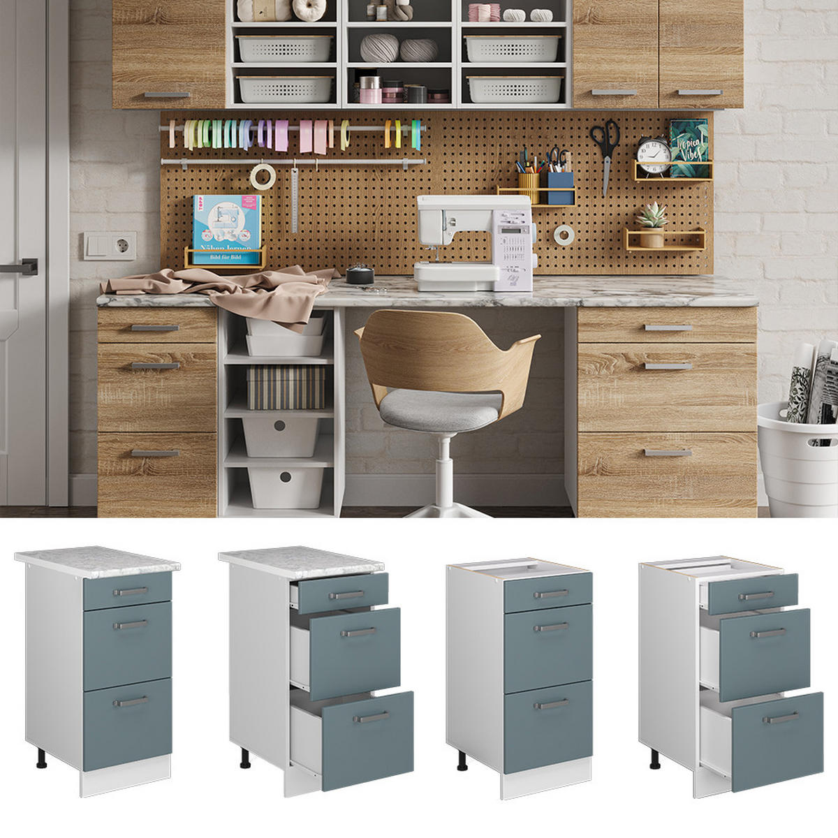 UNTERSCHRANK R-Line Blau-Grau 40 cm mit Schubladen - Blaugrau/Weiß, Holzwerkstoff (40/81.6/60cm) - Vicco