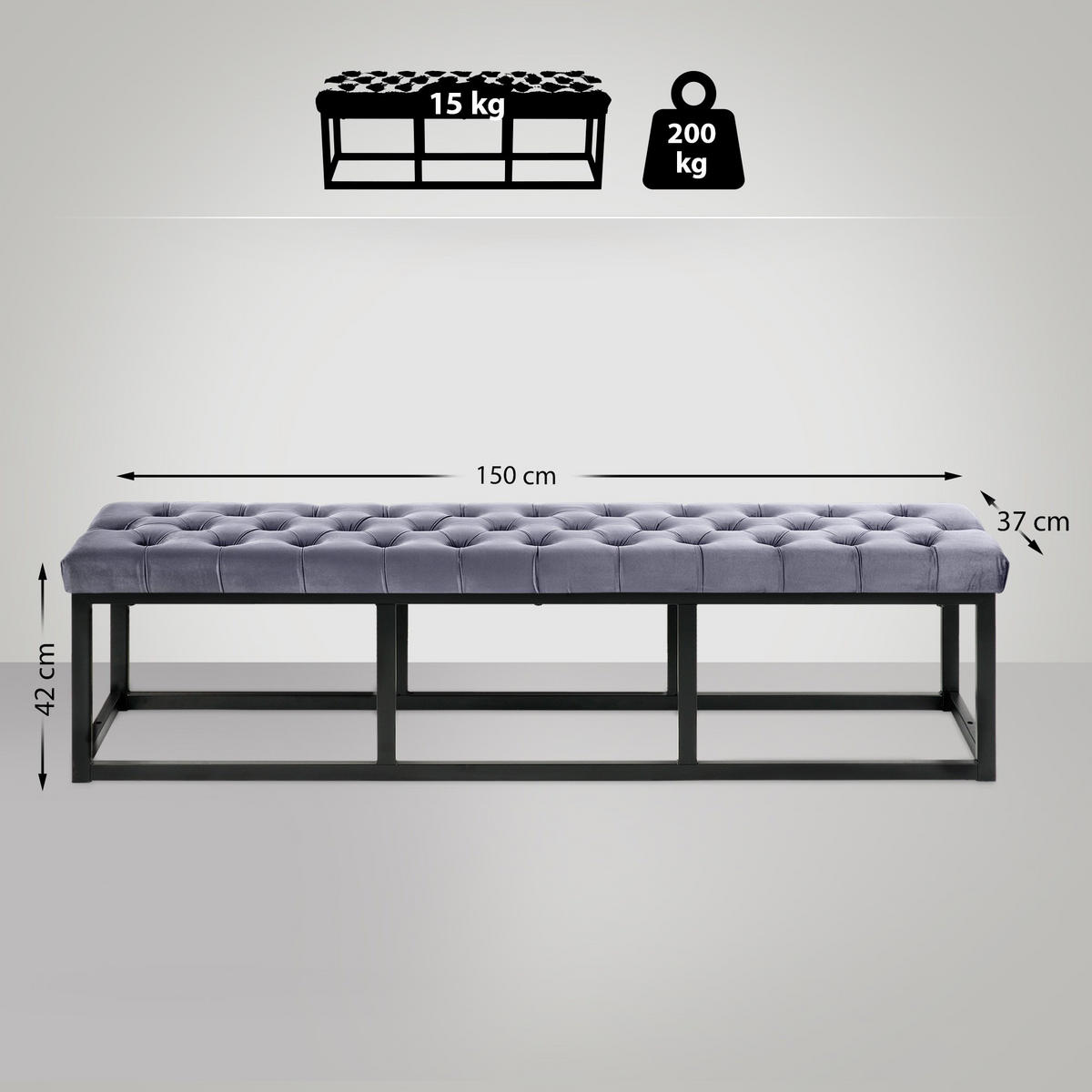 SITZBANK Polly Samt Schwarz 150 cm grau - Grau, Metall (150/42/37cm) - TPFLiving