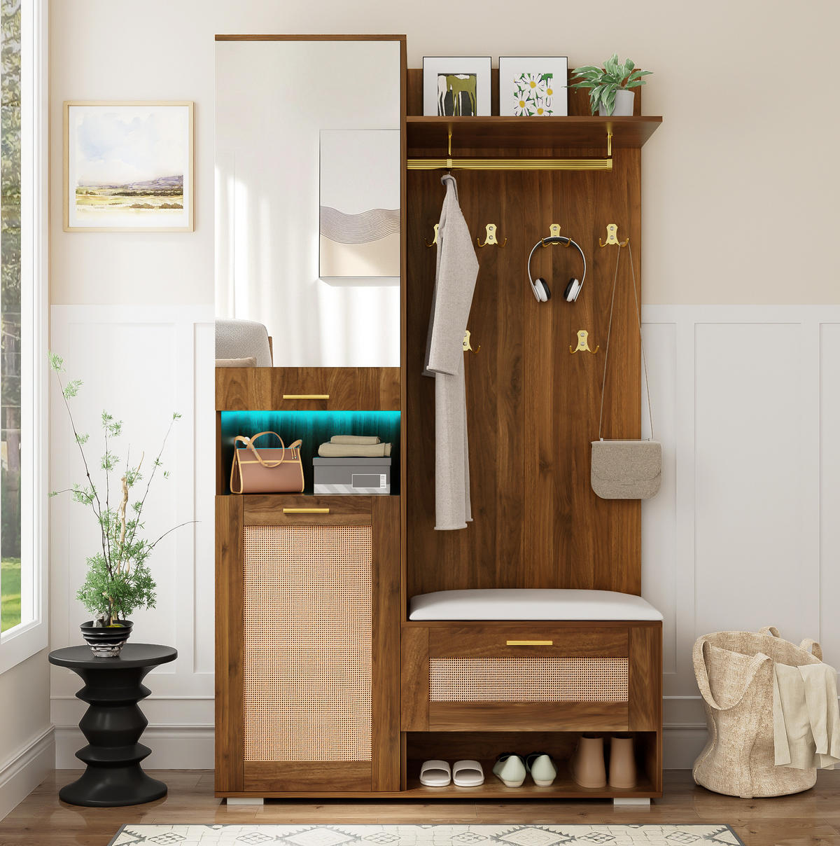 GARDEROBE 110/190/38 cm Walnuss/Weiß aus MDF und Spanplatte mit Spiegel und LED-Beleuchtung - Walnussfarben, Holzwerkstoff (38/190/110cm) - OKMYHOME