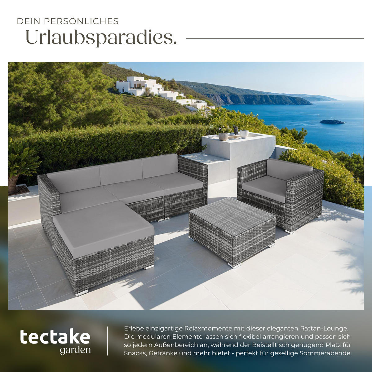 RATTANLOUNGE Milano, mit Sicherheitsglasplatte, grau - Grau, Kunststoff - tectake